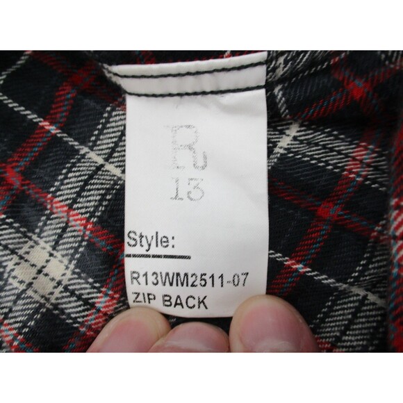 R13 Drop Neck Work Shirt Women Small S Gray Red Flannel Zip Back Button Up Italy - Picture 4 of 12